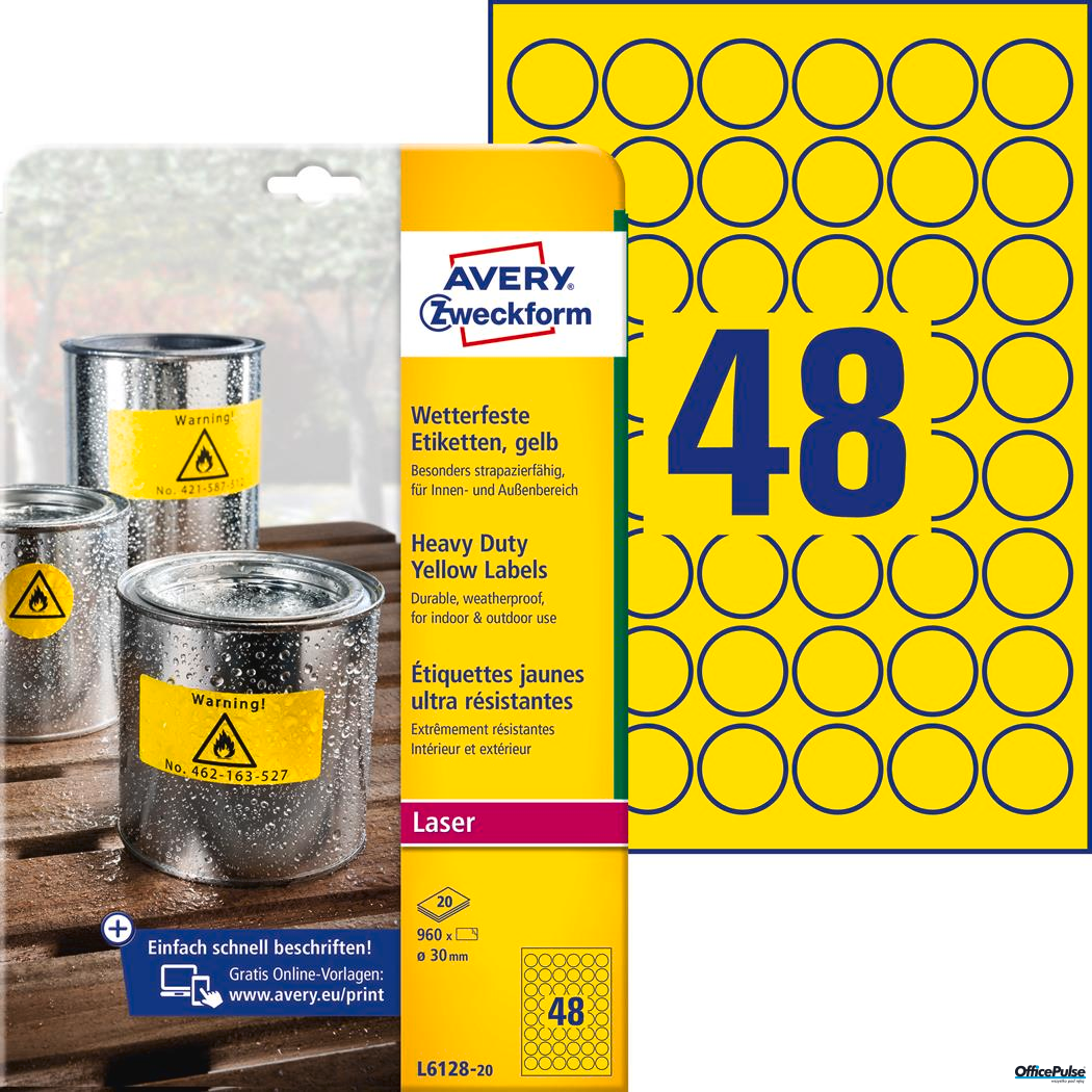 Etykiety Heavy Duty żółte średnica Q 30mm L6128-20szt AVERY ZF