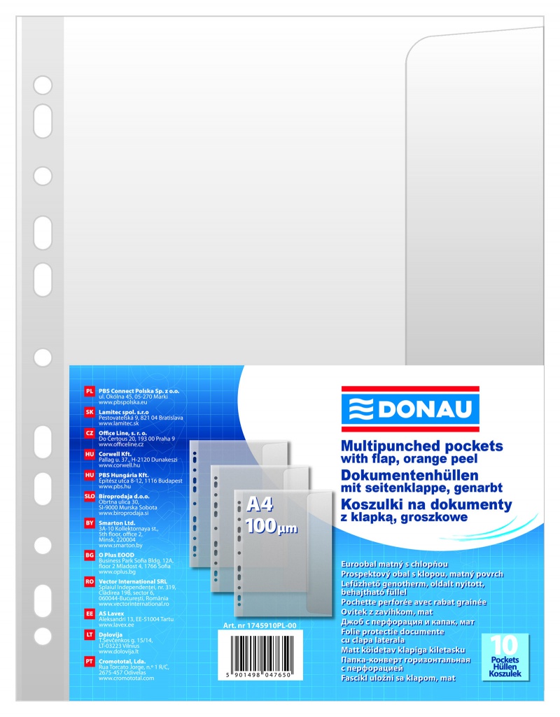 Koszulki z klapką DONAU, PP, A4, groszkowe, 100mikr., 10szt.