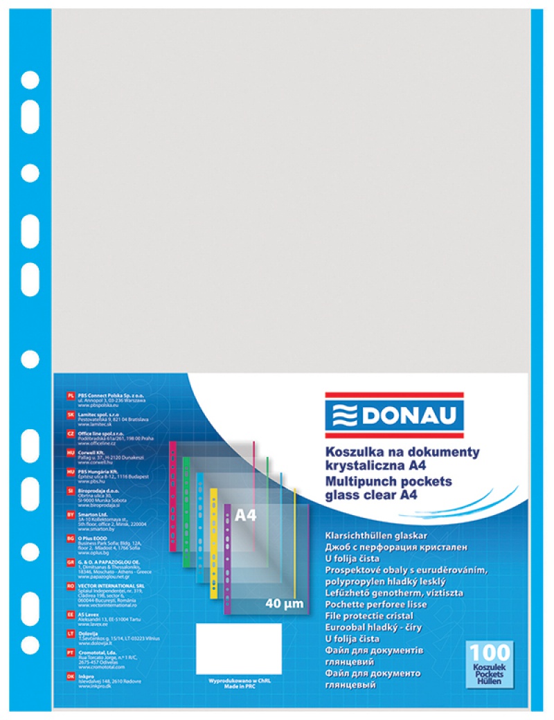 Koszulki na dokumenty DONAU, PP, A4, groszkowe, 40mikr., kolorowy brzeg - niebieski, 100szt.