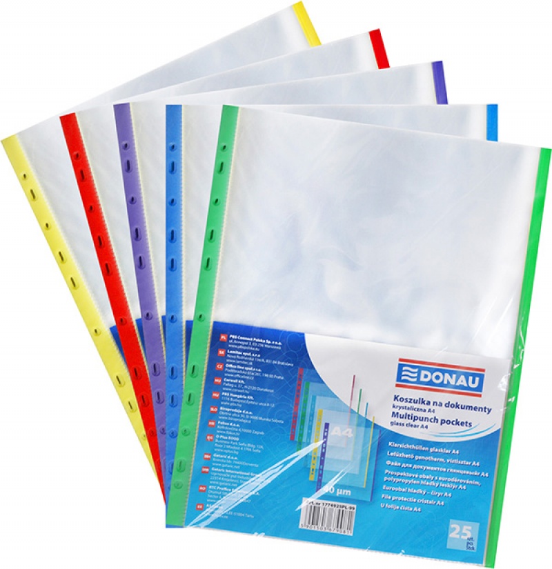 Koszulki na dokumenty DONAU, PP, A4, krystal, 40mikr., kolorowy brzeg - mix kolorów, 25szt.