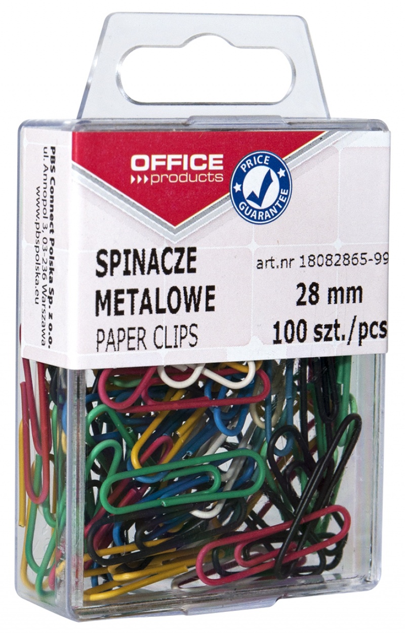 Spinacze kolorowe OFFICE PRODUCTS, powlekane, 28mm, w pudełku, 100szt., mix kolorów