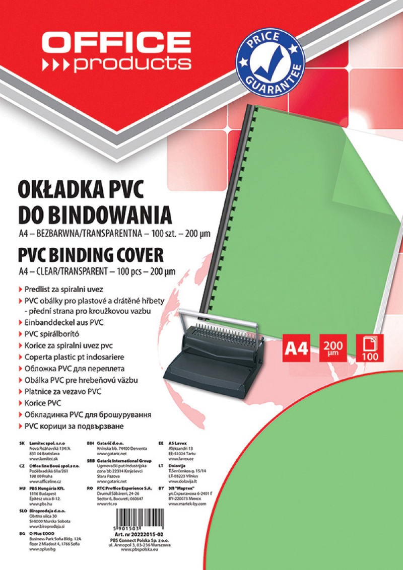 Okładki do bindowania OFFICE PRODUCTS, PVC, A4, 200mikr., 100szt., zielone transparentne