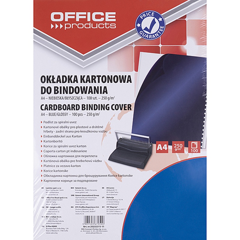 Okładki do bindowania OFFICE PRODUCTS, karton, A4, 250gsm, błyszczące, 100szt., ciemnoniebieski