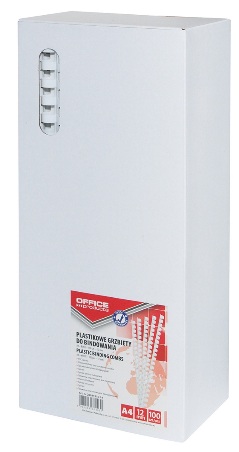 Grzbiety do bindowania OFFICE PRODUCTS, A4, 12mm (95 kartek), 100 szt., białe
