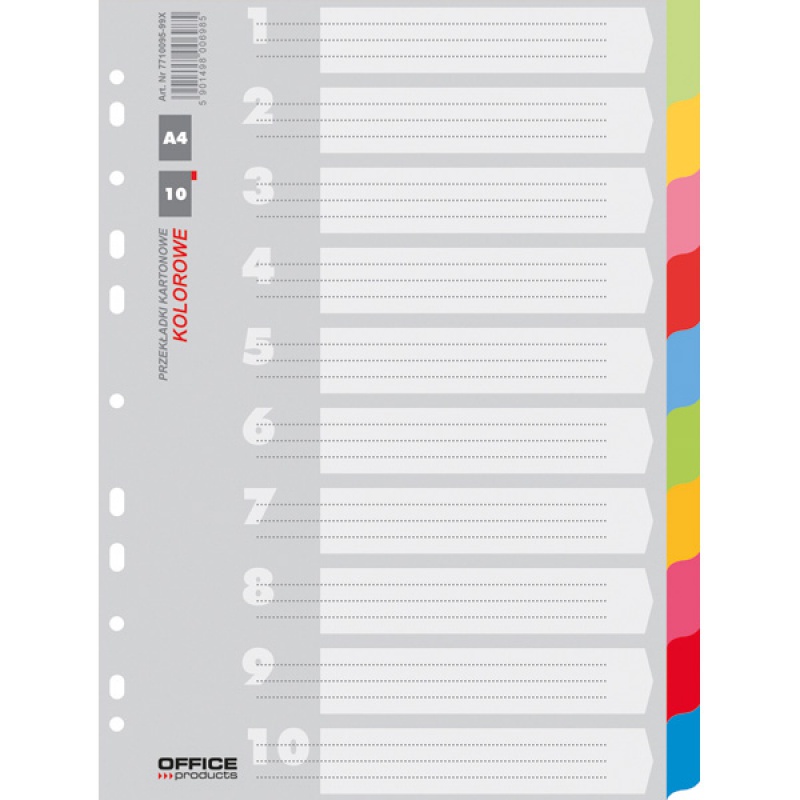 Przekładki OFFICE PRODUCTS, karton, A4, 227x297mm, 10 kart, mix kolorów