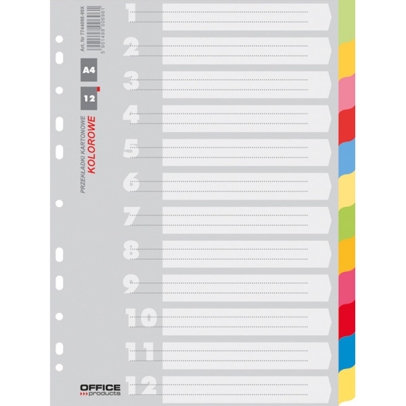 Przekładki OFFICE PRODUCTS, karton, A4, 227x297mm, 12 kart, mix kolorów