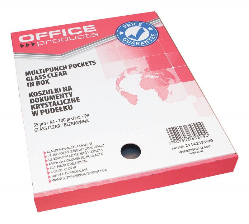 Koszulki na dokumenty OFFICE PRODUCTS,  PP,  A4,  krystal,  55mikr.,  100szt., w pudełku