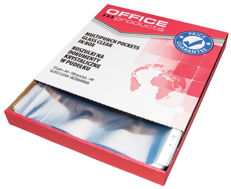 Koszulki na dokumenty OFFICE PRODUCTS,  PP,  A4,  krystal,  55mikr.,  100szt., w pudełku