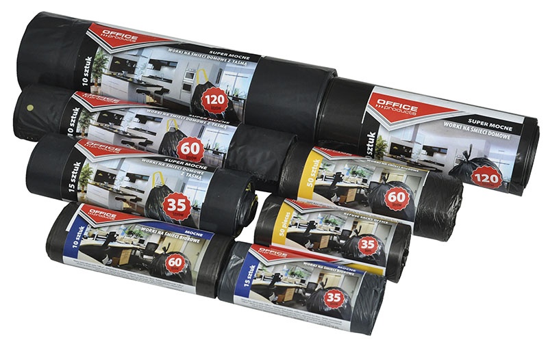 Worki na śmieci domowe z taśmą OFFICE PRODUCTS, super mocne (LDPE), 60l, 10szt., czarne