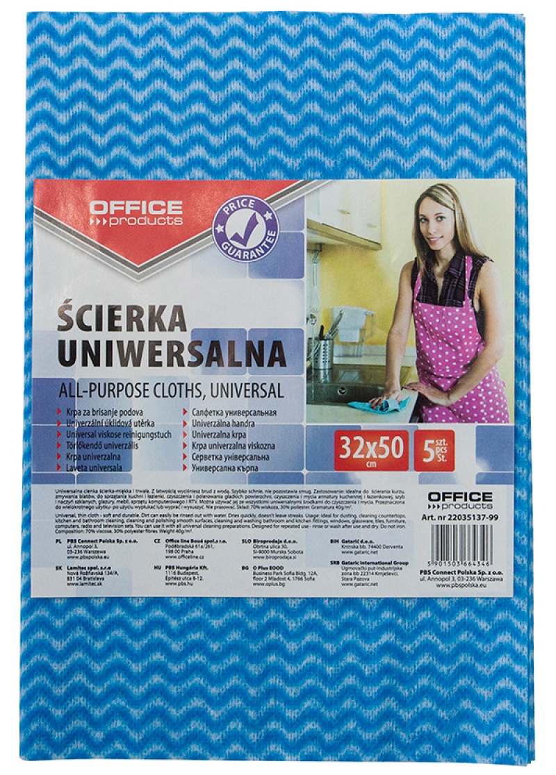 Ścierka uniwersalna OFFICE PRODUCTS, wiskoza 70%, gr. 40g/mkg, 32x50cm, 5szt.