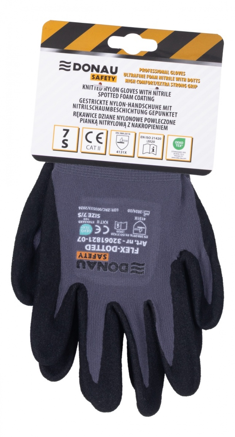 Rękawice DONAU SAFETY Flex-Dotted, kat. II, rozm. 7, szare