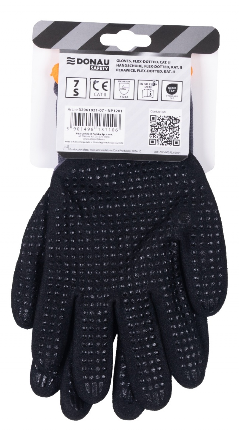 Rękawice DONAU SAFETY Flex-Dotted, kat. II, rozm. 7, szare