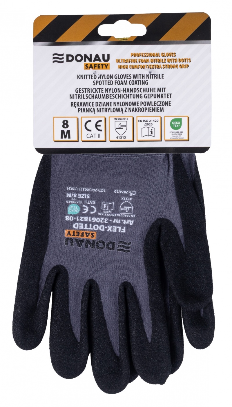 Rękawice DONAU SAFETY Flex-Dotted, kat. II, rozm. 8, szare