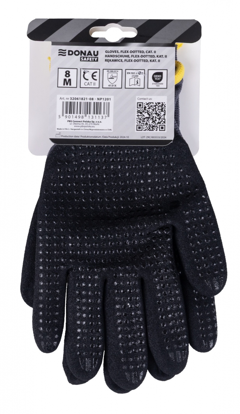 Rękawice DONAU SAFETY Flex-Dotted, kat. II, rozm. 8, szare