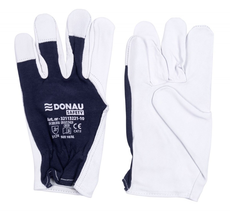 Rękawice robocze DONAU SAFETY, skóra kozia po stronie dłoni, ściągacz, rozm. 9/L, biało-granatowe