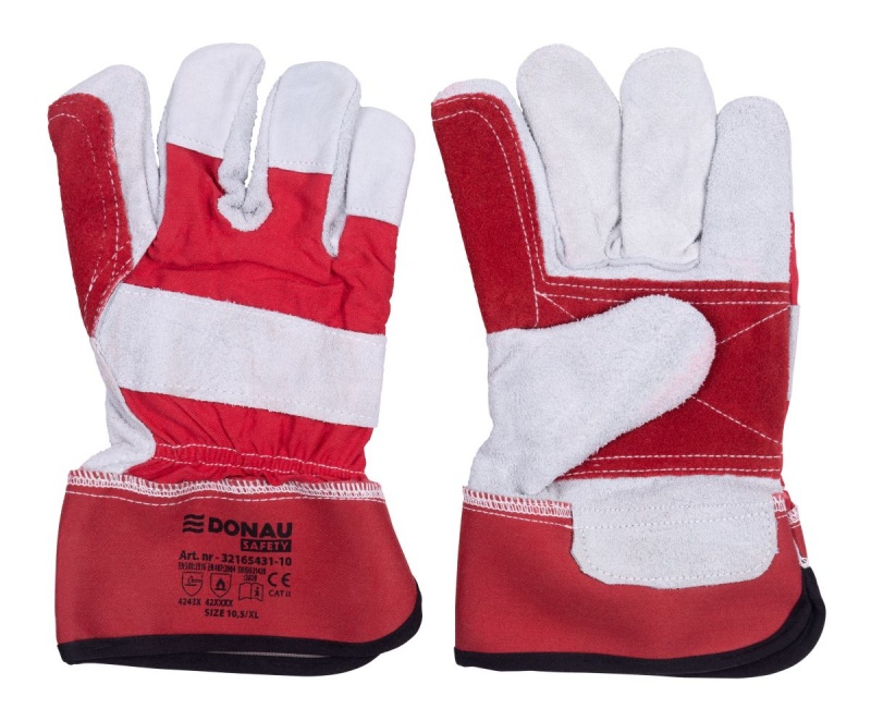 Rękawice robocze DONAU SAFETY, dwoina bydlęca, rozm. 10,5/XL, szaro-czerwone