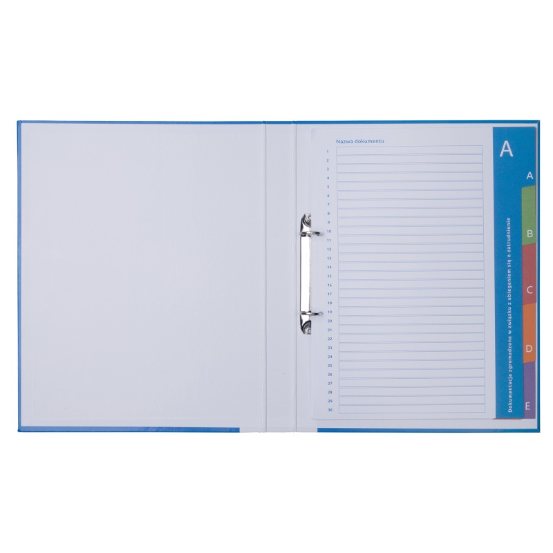 Segregator ringowy DONAU do akt osobowych, tekturowy, A4/2R/20mm, przek. A-E, niebieski