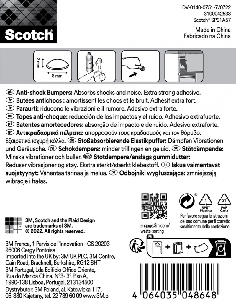 Odbojniki wygłuszające SCOTCH, samoprzylepne, okrągłe, 8mm, 16 szt., przezroczyste