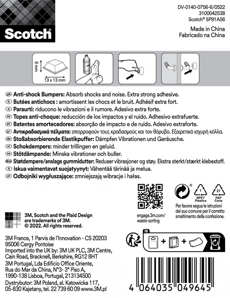 Odbojniki wygłuszające SCOTCH, samoprzylepne, kwadrat, 13x13mm, 10 szt., przezroczyste