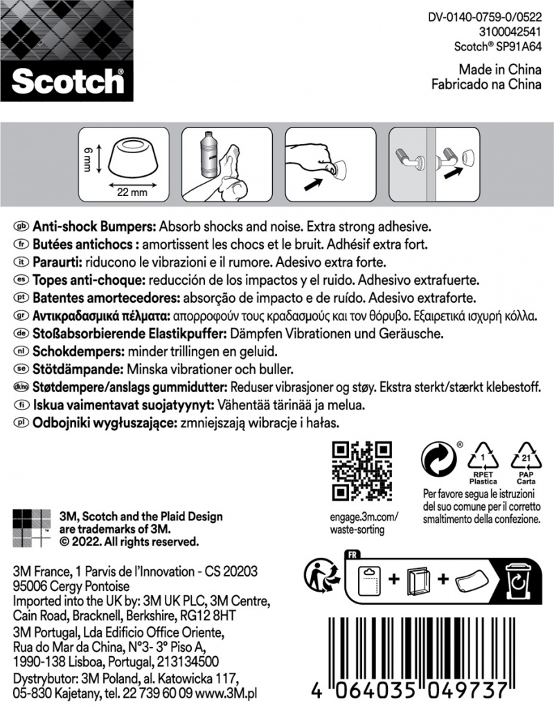Odbojniki wygłuszające SCOTCH, samoprzylepne, okrągłe, 22mm, 4 szt., przezroczyste