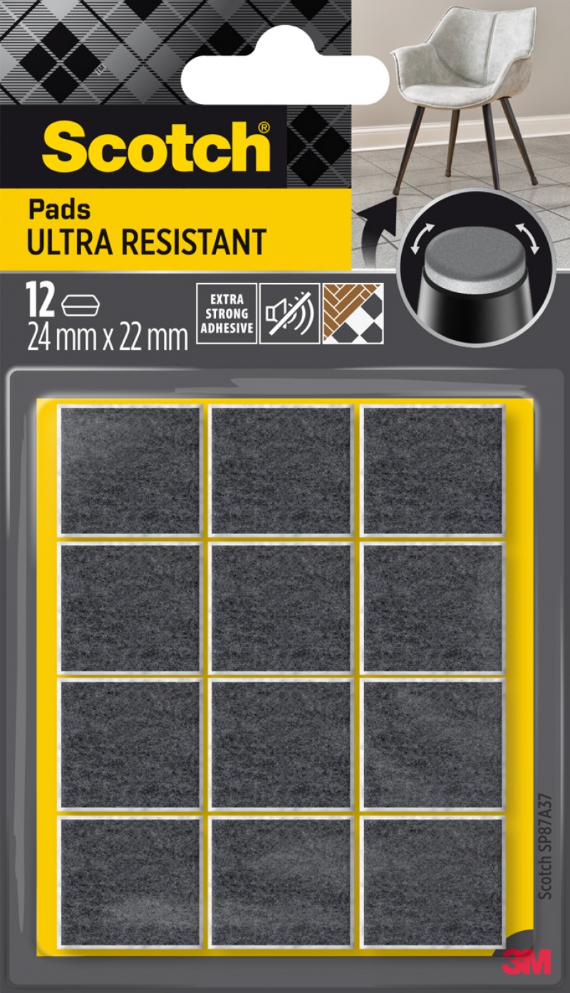 Ultra odporne podkładki filcowe SCOTCH, kwadrat, 24x22mm, 12 szt., czarne
