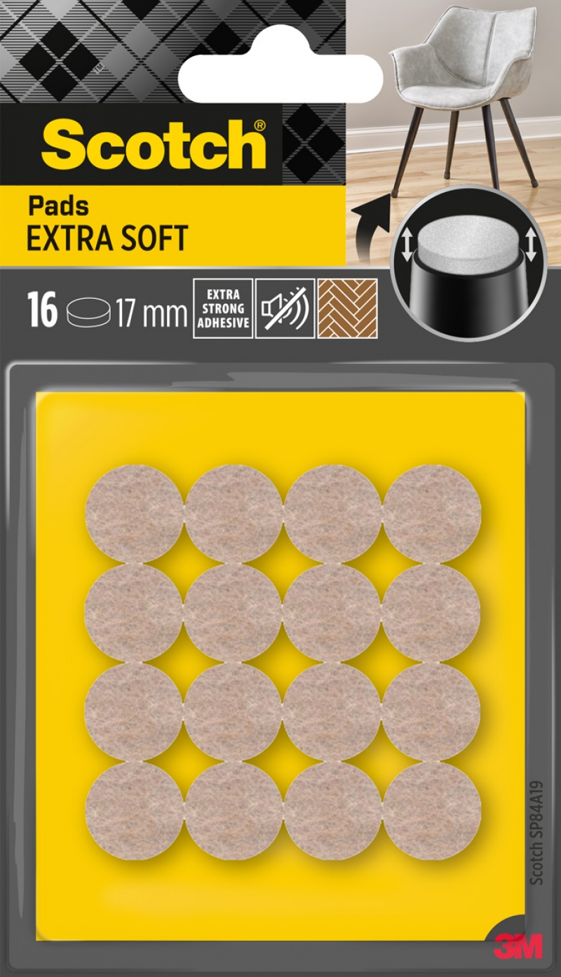 Miękkie podkładki z wełny SCOTCH, samoprzylepne, okrągłe, 17mm, 16 szt., beżowe