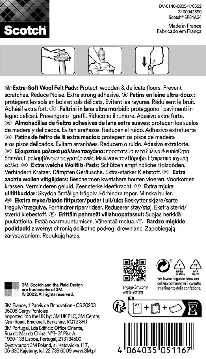 Miękkie podkładki z wełny SCOTCH, samoprzylepne, kwadrat, 24x22mm, 12 szt., beżowe