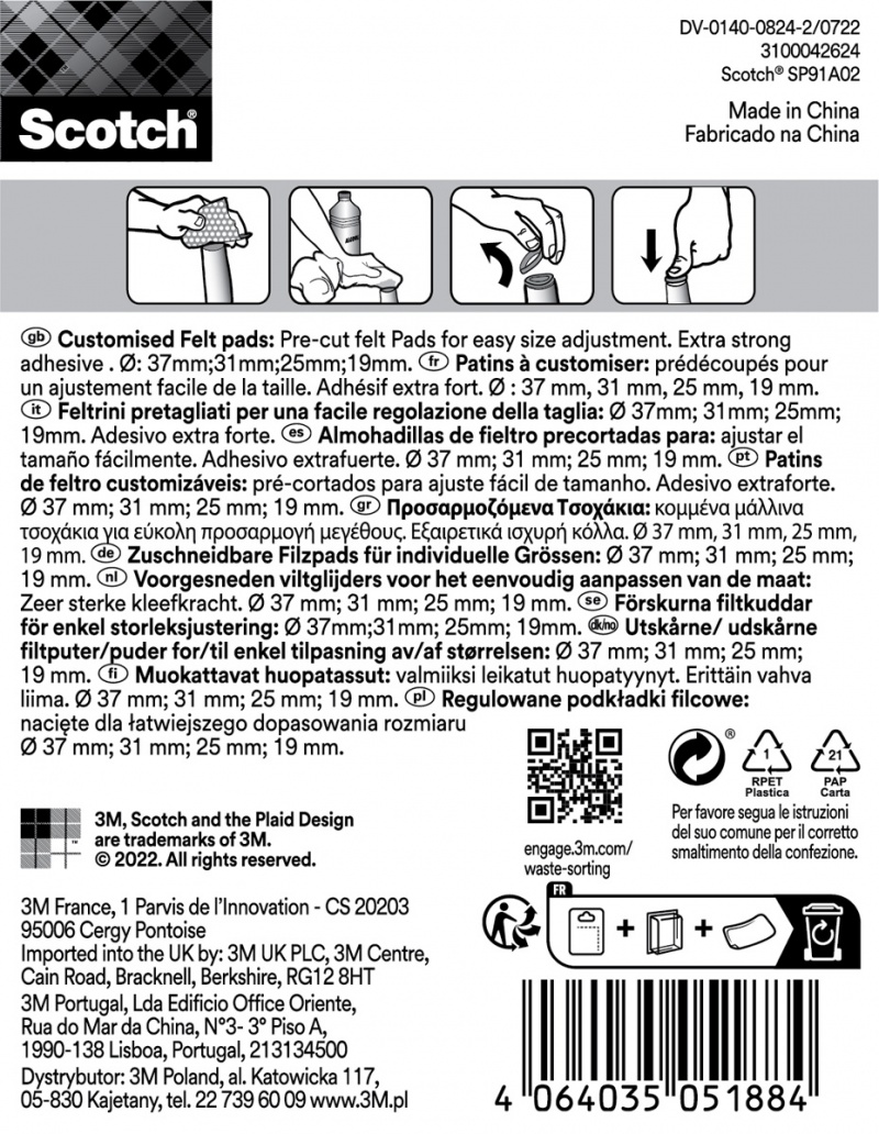 Regulowane podkładki filcowe SCOTCH, samoprzylepne, okrągłe, 19-37mm, 4 szt., brązowe