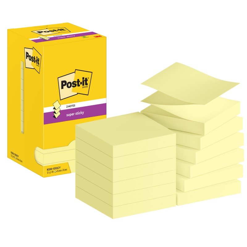 KARTECZKI SAMOPRZYLEPNE POST-IT® SUPER STICKY Z-NOTES (R330-12SS-CY), 76X76MM, 12X90 KART., ŻÓŁTE