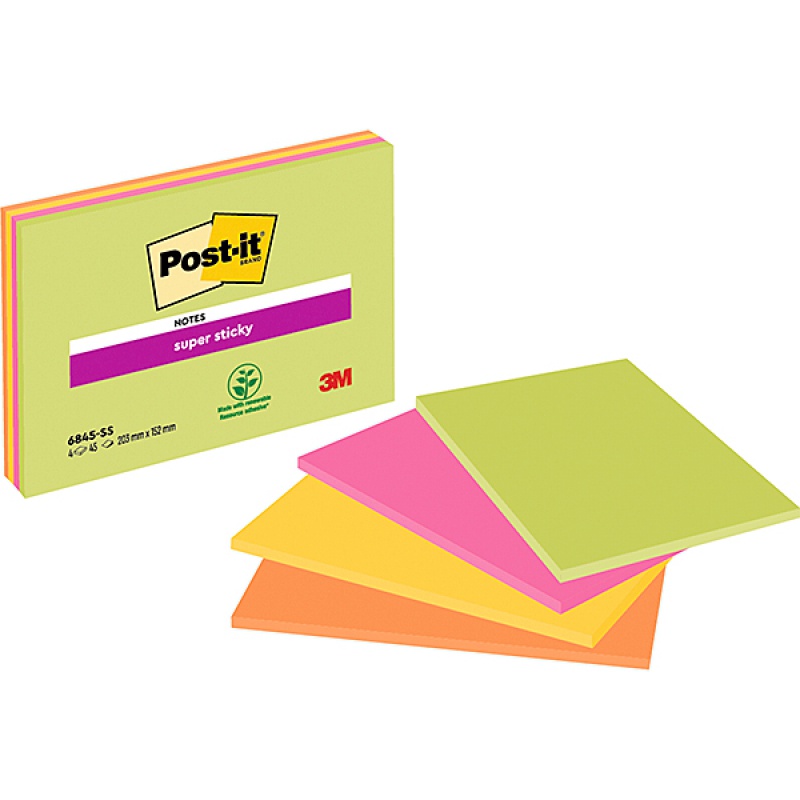 Bloczek samoprzylepny POST-IT® Super Sticky (6845-SSP), 200x149mm, 4x45 kart., mix kolorów