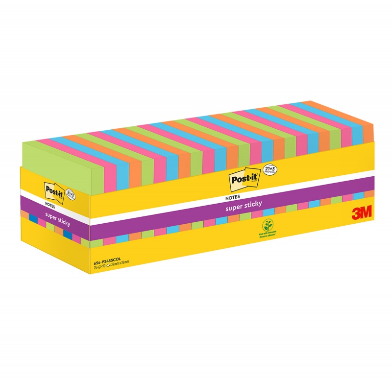 Bloczki samoprzylepne POST-IT® Super Sticky (654-SS-VP24COL), 76x76mm, 24x90 kart., mix kolorów, 3 bloczki GRATIS