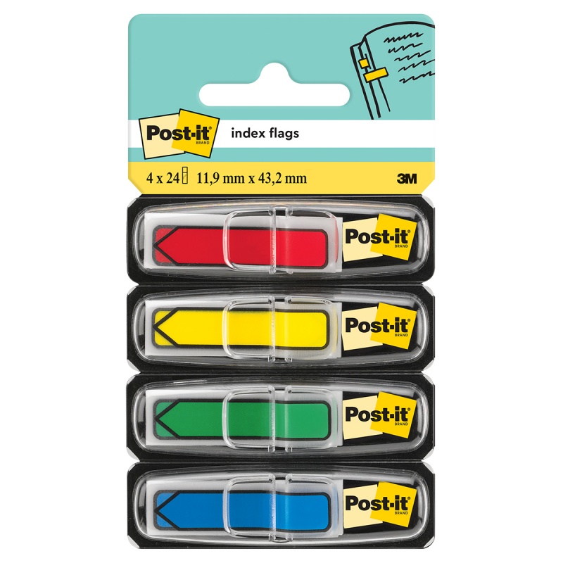 Zakładki indeksujące POST-IT® (684-ARR3), PP, 12x43mm, strzałka, 4x24 kart., mix kolorów