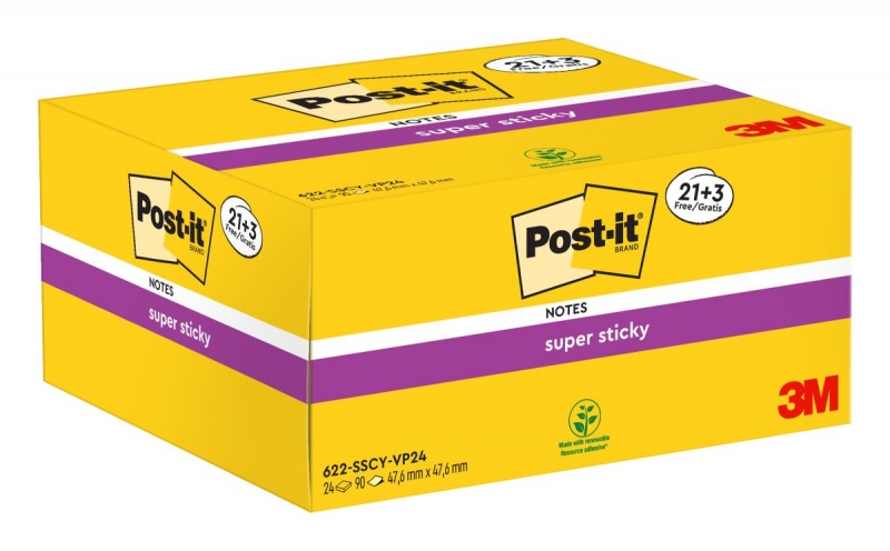 Karteczki samoprzylepne Post-it® Super Sticky (622-SSCY-24VP), 47,6x47,6mm, 21x90 kart.+3x90 kart. gratis, żółte