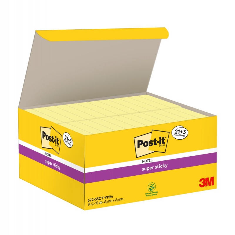 Karteczki samoprzylepne Post-it® Super Sticky (622-SSCY-24VP), 47,6x47,6mm, 21x90 kart.+3x90 kart. gratis, żółte