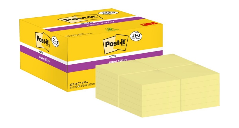Karteczki samoprzylepne Post-it® Super Sticky (622-SSCY-24VP), 47,6x47,6mm, 21x90 kart.+3x90 kart. gratis, żółte