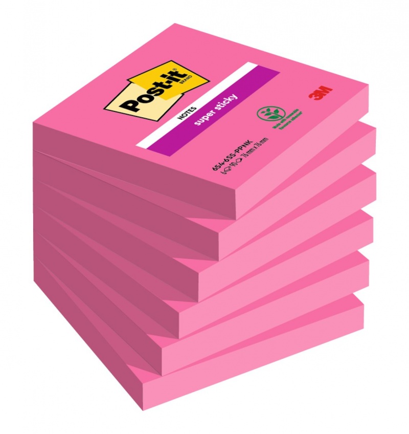 Bloczek samoprzylepny POST-IT® Super sticky (654-6SS-PNK), 76x76mm, 1x90 kart., fuksja