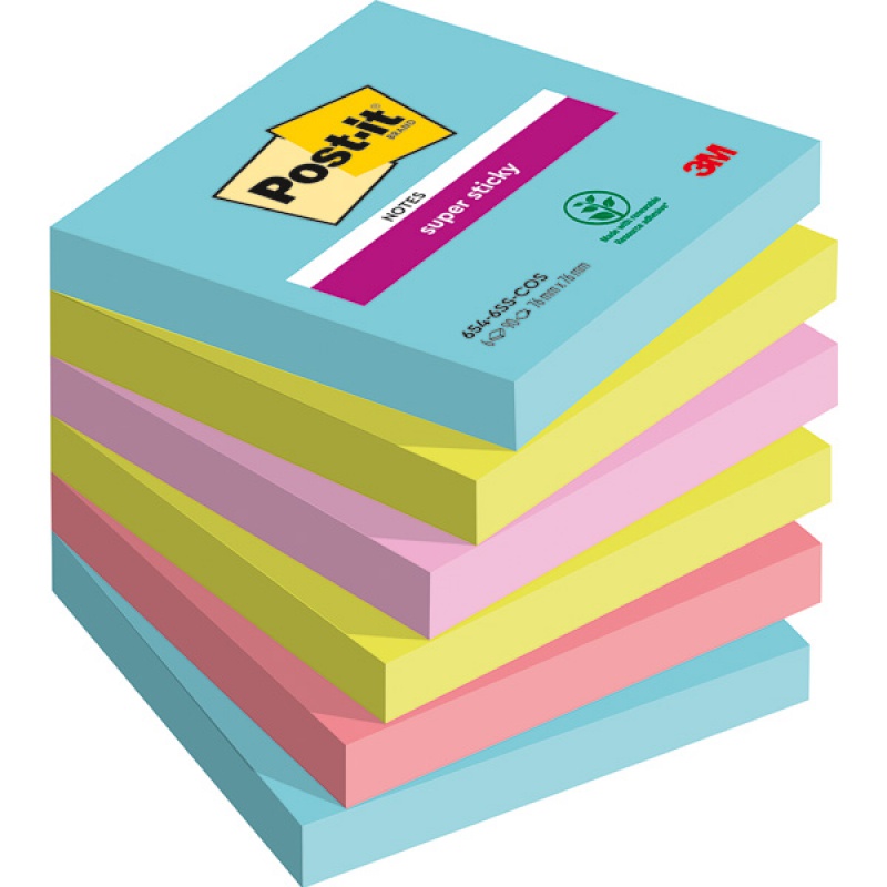 Bloczek samoprzylepny POST-IT® Super sticky, (654-6SS-MIA), 76x76mm, 6x90 kart., paleta Miami