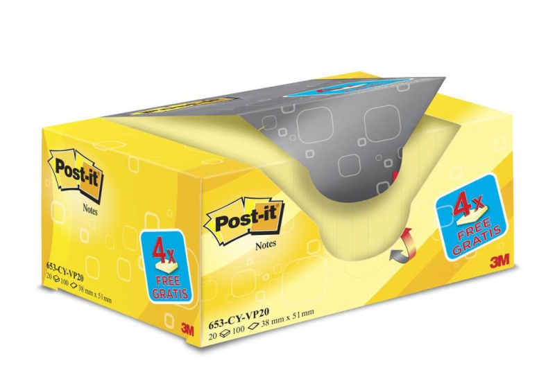 Bloczek samoprzylepny POST-IT® (653CY-VP20), 38x51mm, (16+4)x100 kart., żółte, 4 bloczki GRATIS