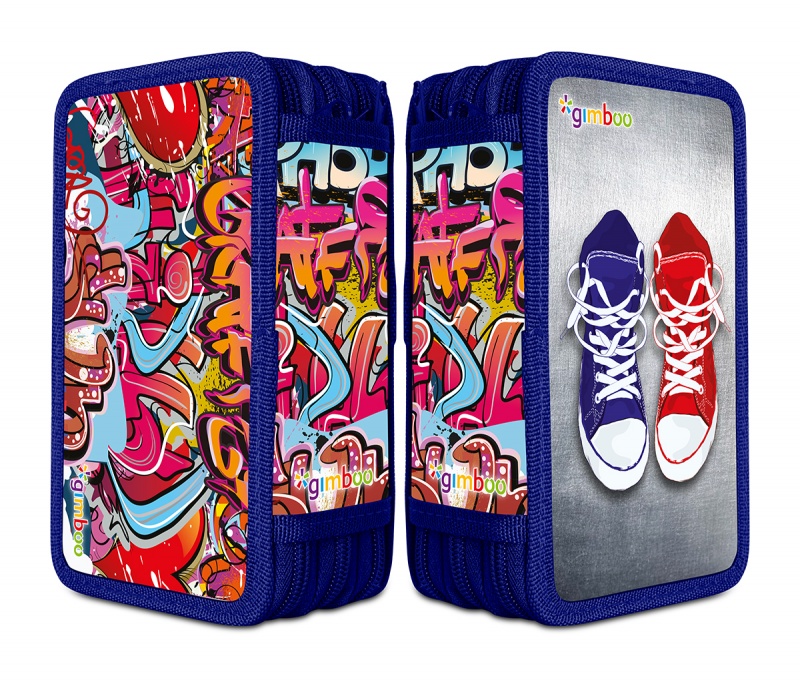 Piórnik szkolny GIMBOO, z wyposażeniem, 3 komory, graffiti, niebieski