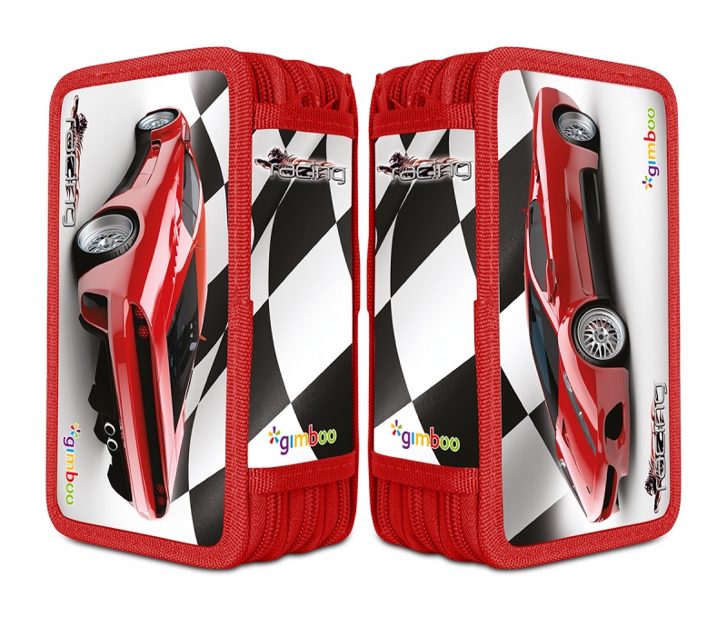 Piórnik szkolny GIMBOO, z wyposażeniem, 3 komory, wyścigi, czerwony