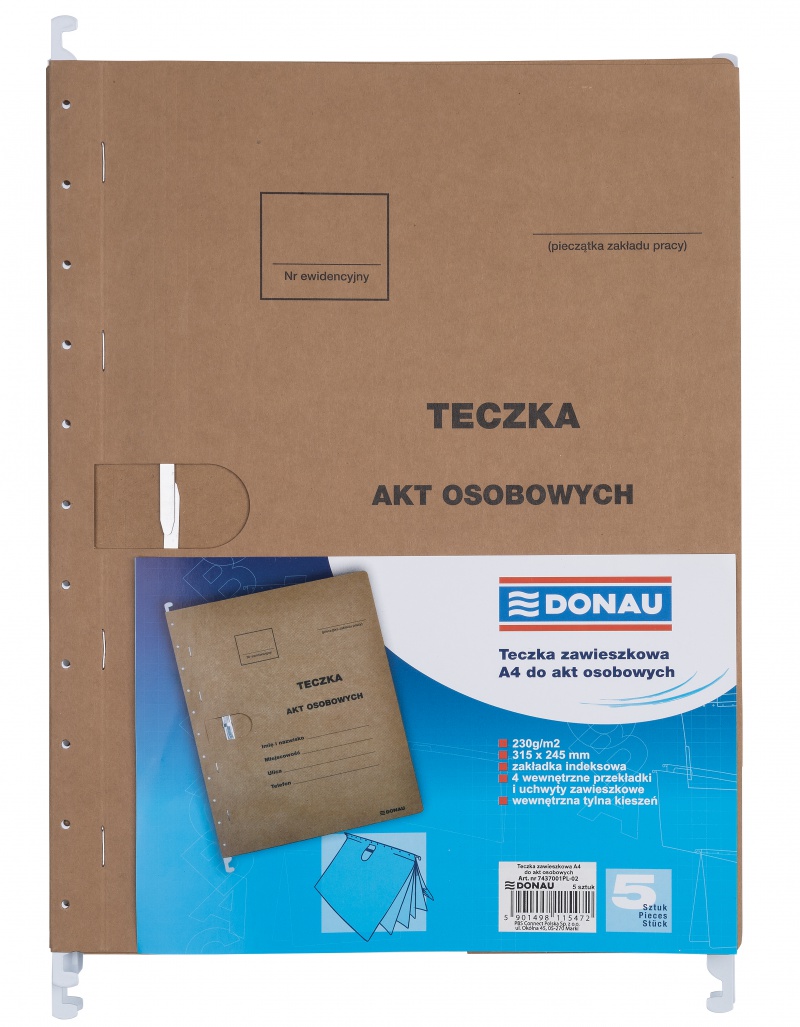 Teczka zawieszkowa DONAU na akta osobowe, wersja od 2023r., karton, A4, 230gsm, brązowa