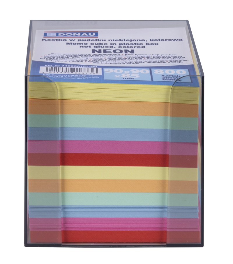 Kostka DONAU nieklejona, w pudełku, 95x95x95mm, ok. 800 kart., neon, mix kolorów