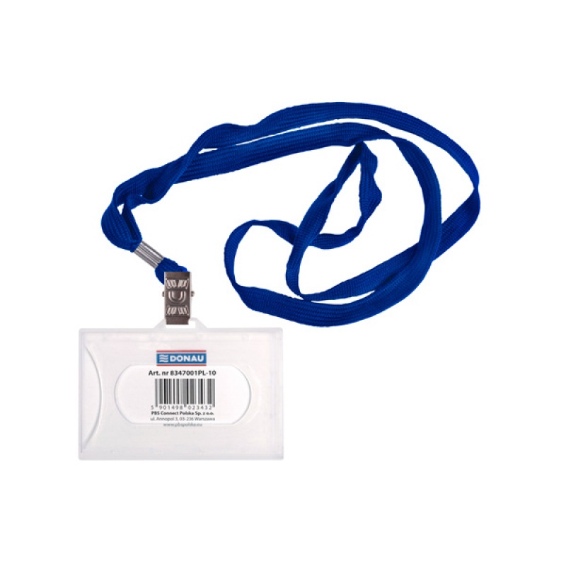 Identyfikator DONAU, z jedwabną taśmą, twardy, niebieski
