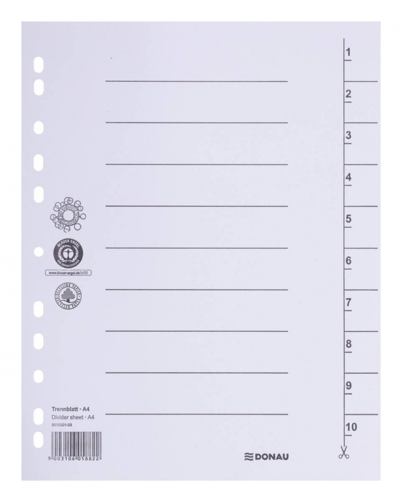 Przekładka DONAU, karton, A4, 235x300mm, 1-10, 1 karta, biała