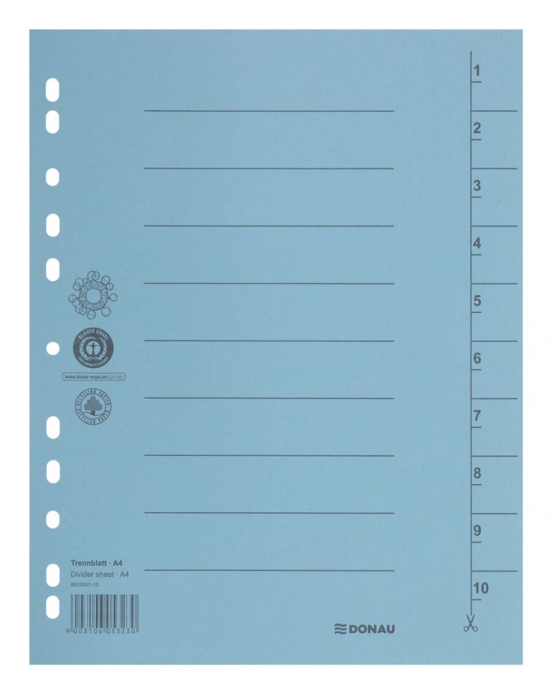Przekładka DONAU, karton, A4, 235x300mm, 1-10, 1 karta, niebieska
