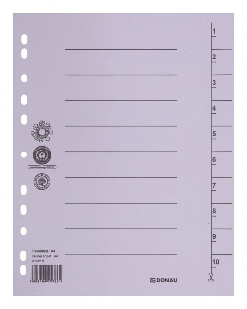 Przekładka DONAU, karton, A4, 235x300mm, 1-10, 1 karta, szara