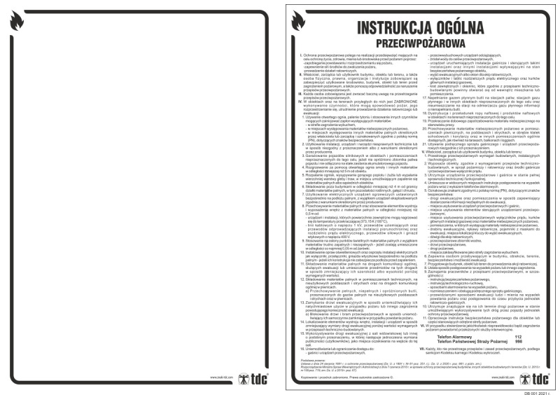 Znak TDC, Instrukcja ogólna przeciwpożarowa