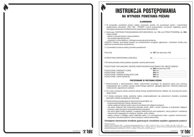 Znak TDC, Instrukcja postępowania w przypadku powstania pożaru