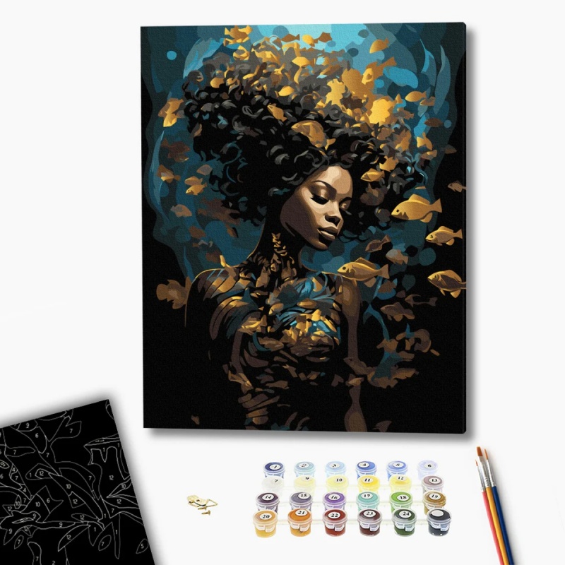 Malowanie po numerach BRUSHME, 40x50 cm, czarne płótno, gold, morska nimfa, 1 szt., w pudełku