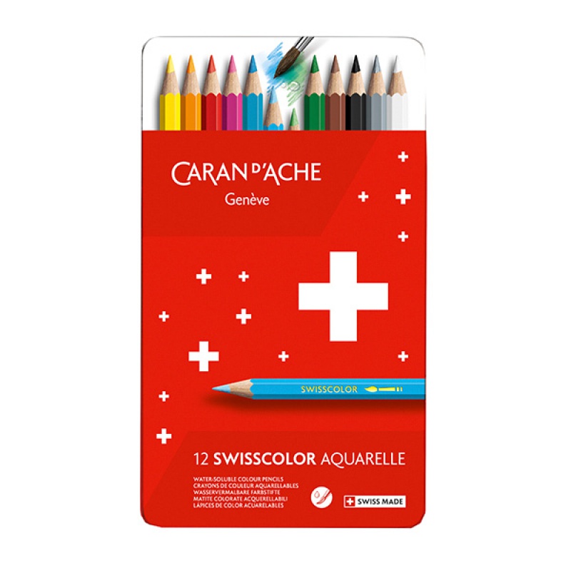 Kredki CARAN D'ACHE Swisscolor Aquarelle, z efektrm akwareli, sześciokątne, 12szt., mix kolorów